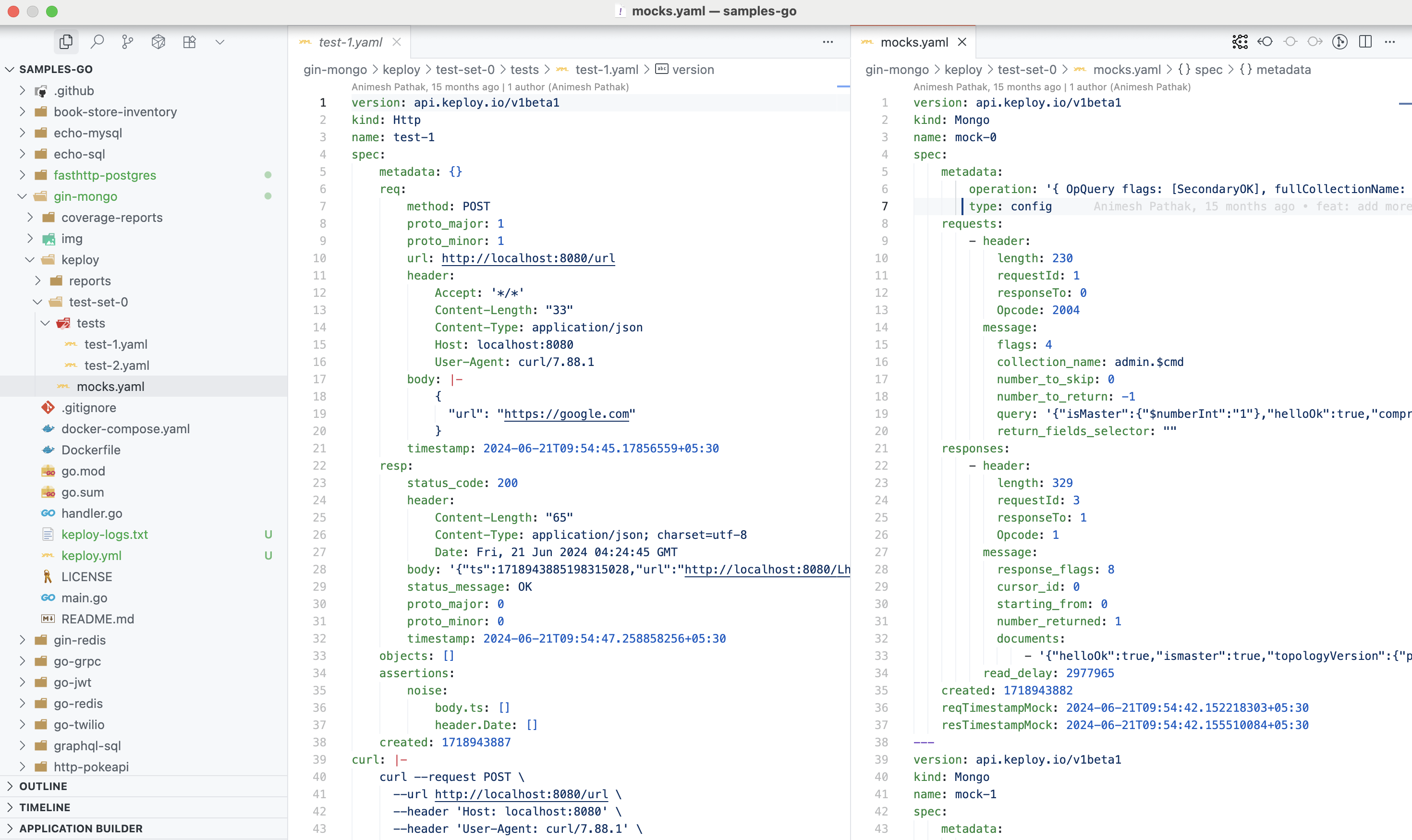 Sample Keploy Test case and Mock for Gin MongoDB