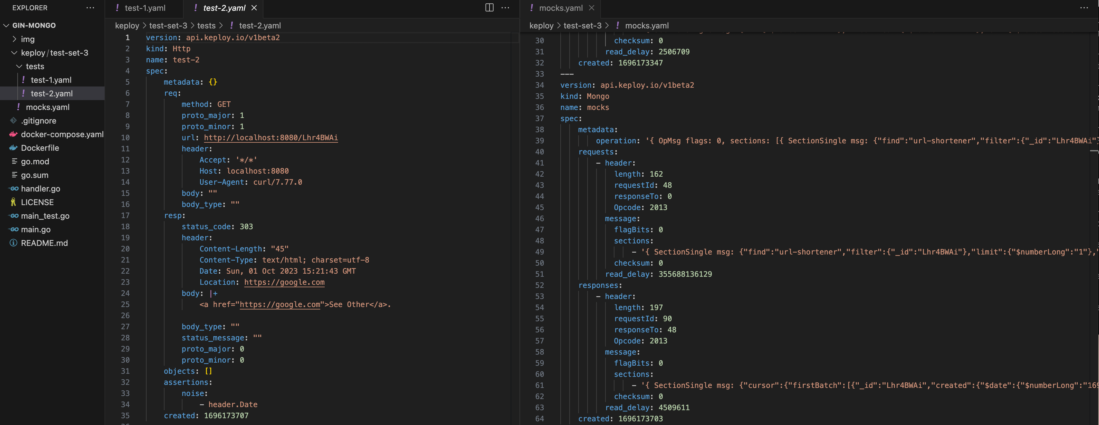 Sample Keploy Test case and Mock for Gin MongoDB